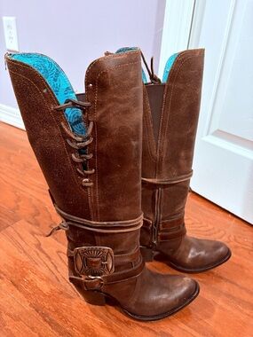 Corral Brown Leather Knee-High Heeled Boots with Turquoise Lining